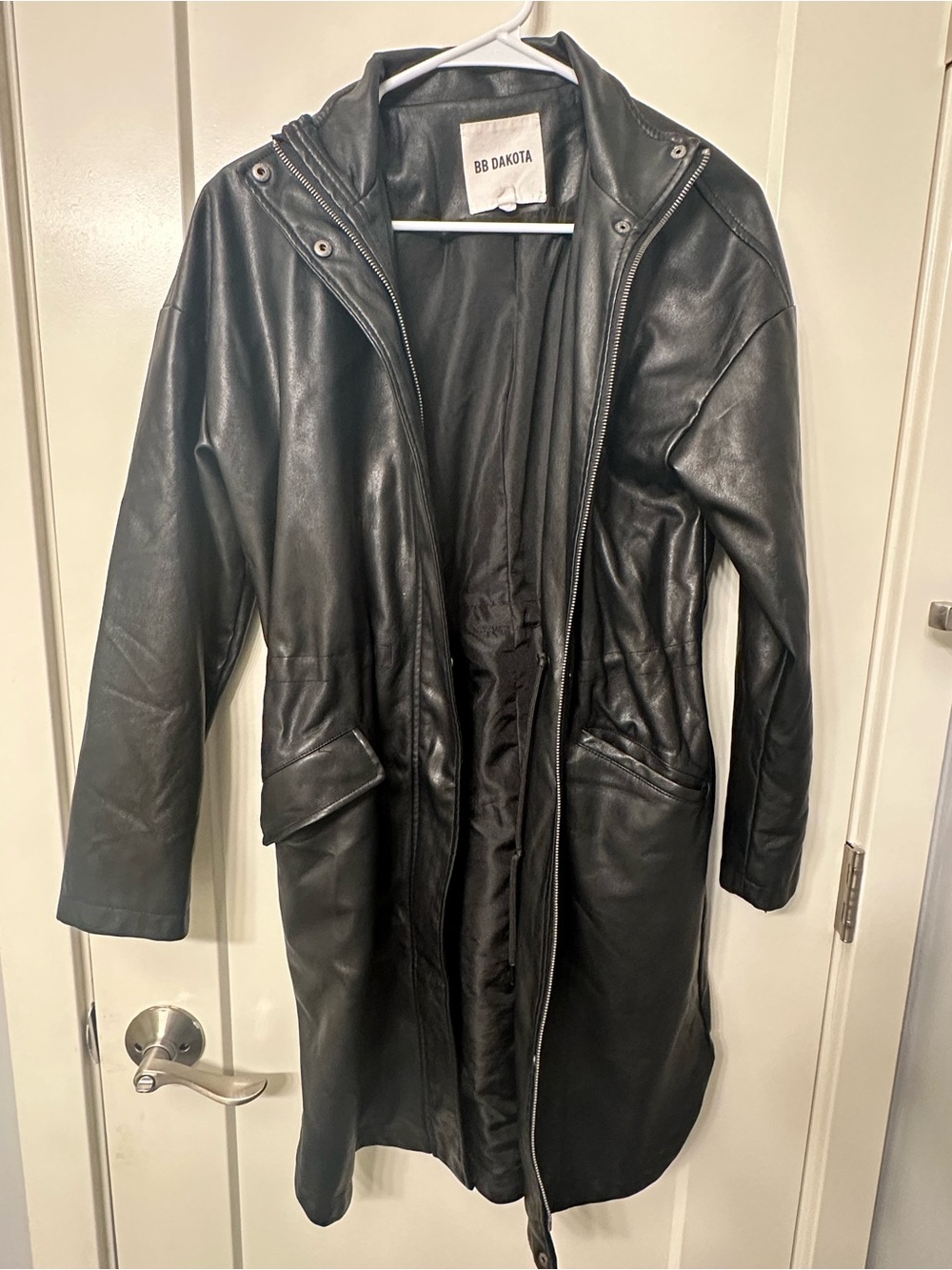 BB Dakota Black Long Leather Coat with Hood
